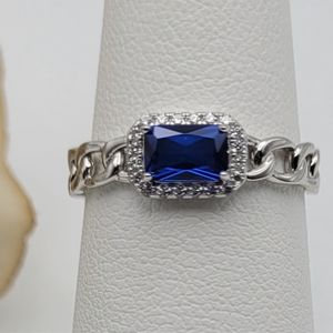 Baguette Halo Chain Link Sterling silver Blue Sapphire Stimulate Gemstone Ring